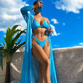 Ocean Blue Wave Print Cover Up Tie String Triangle Brazilian Three Piece Bikini Swimsuit